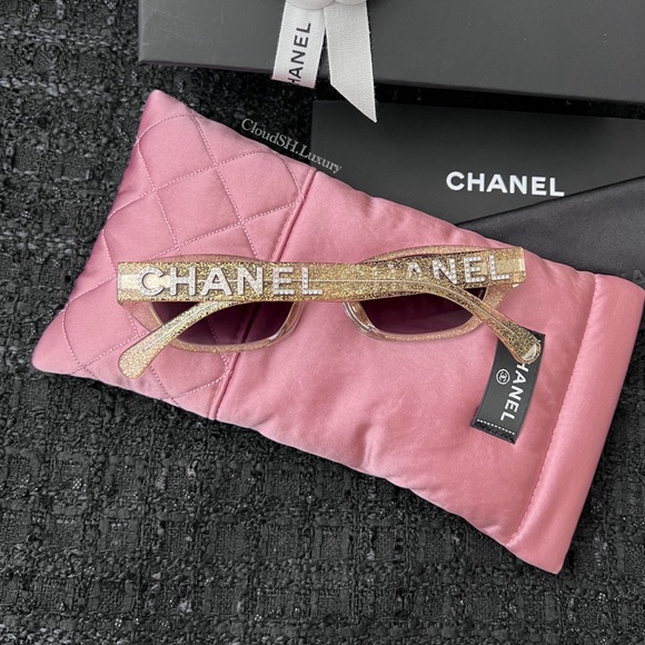 Auth NIB Chanel 71280 Crystal Logo Gold Glitter Rectangle Sunglasses - Picture 5 of 13